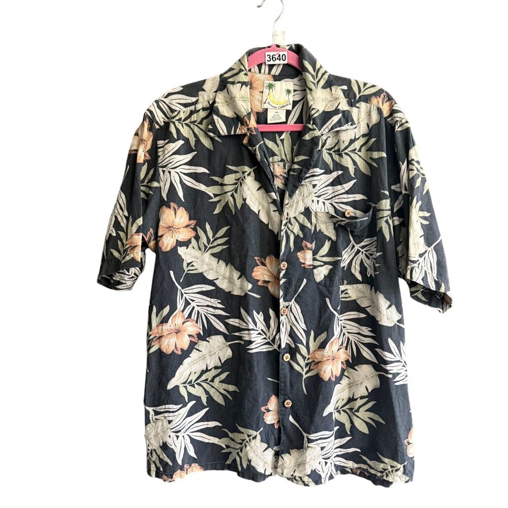 Banana Cabana 100% Silk Floral Print Hawaiian Button Down Shirt Large Black